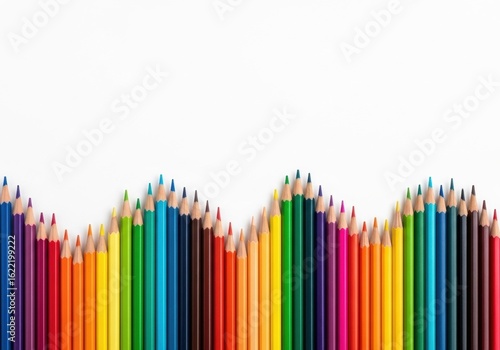 Colorful arrangement of pencils forming a vibrant wave against white background