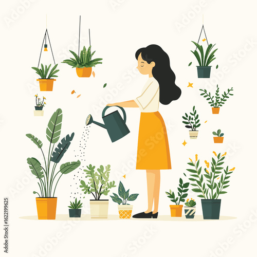 Flat design vector of person watering indoor plants with a watering can