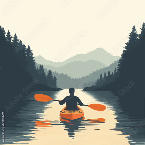 kayaking on the lake, vector style simple color