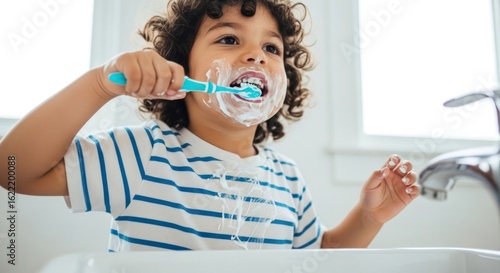 A young boy brushing his teeth in the bathroom, demonstrating good oral hygiene and a healthy morning routine