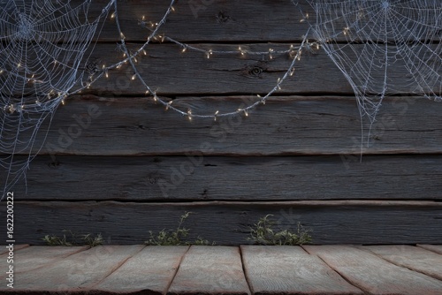 A weathered wooden stage set with spiderwebs and string lights