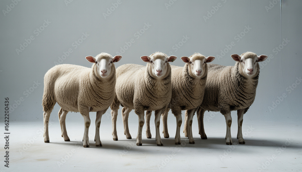 Fototapeta premium Group of sheep standing in a line on light grey background 