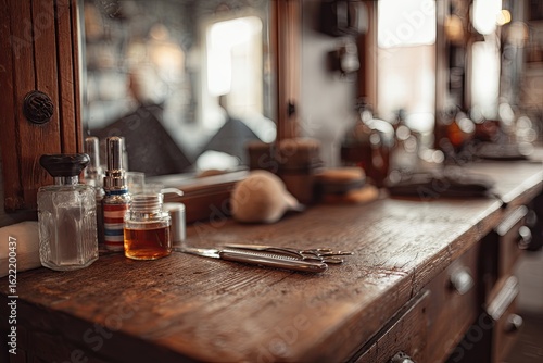 Vintage barber shop counter with grooming supplies.  A rustic wooden barber counter with various vintage grooming products and tools sits in focus.  Blurred barbershop interior in background