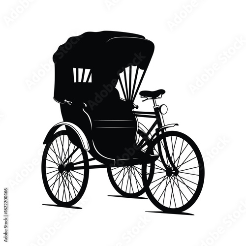 Vintage Black and White Silhouette of a Classic Pedicab or Rickshaw