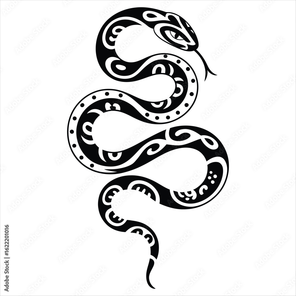 Fototapeta premium Black and White Snake Illustration with Tribal Pattern