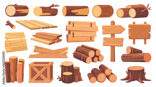 Wood tree logs, stumps and trunks, wooden pieces flat cartoon vector illustration. Lumber and firewood cut branches, lumberjack materials, campfire and woodwork planks big set collection 
