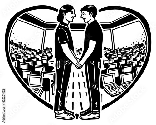 Illustration of love couple in computer lab classroom with laptops and heart shape design vector graphic art vector Illustration