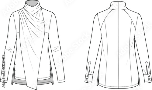 Technical flat sketch of a women's long-sleeve jumpsuit featuring a band collar, full-button front, chest flap pockets, a tie-belted waist, and wide legs, 