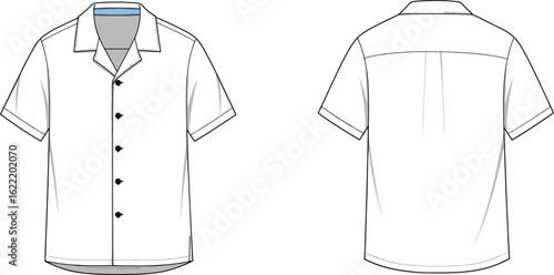 Technical flat sketch of a women's long-sleeve top featuring a draped mock neck, asymmetrical front panel, and side button details, presented in front and back views, for elegant sophisticated wear.