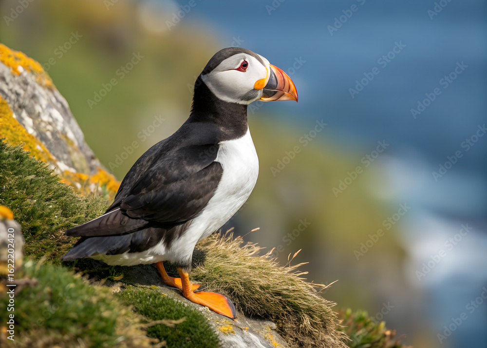 Obraz premium A puffin stands on grassy rocks with the sea in the background