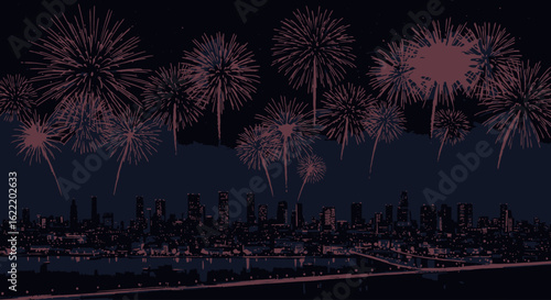 Fireworks light up the night sky above the city