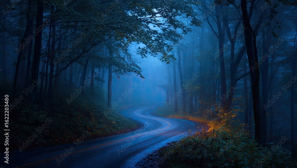 Obraz premium Winding road through a misty, twilight forest