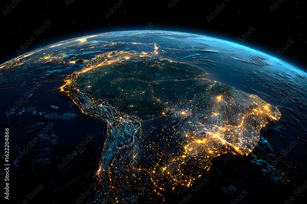 Obraz premium A highly detailed and realistic view of the Earth seen from space, with glowing lights representing global internet connections linking different parts of it