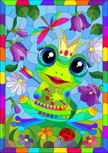 Illustration in the style of a stained glass window with a frog princess on a background of sky and flowers