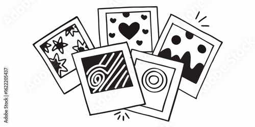 Collection of instant photos with hearts stars circles and abstract shapes black and white illustration art vector Illustration