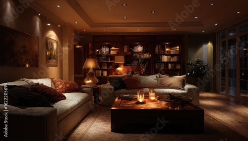 Warm, dimly lit living room with bookshelves, couch, and coffee table