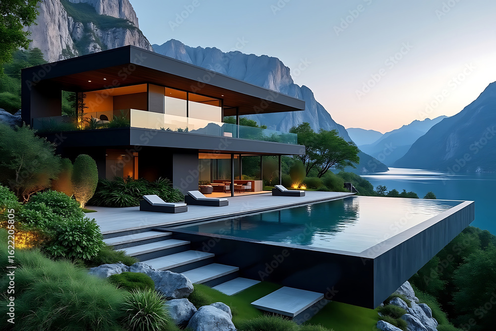 Fototapeta premium Modern House Exterior with Infinity Pool, Mountain Views, and Contemporary Architecture for Luxurious Living