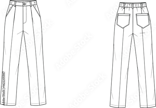 Technical flat sketch of a women's quilted vest featuring a crew neck, full front snap button closure, and two large patch pockets, presented in front and back views, for casual outerwear.