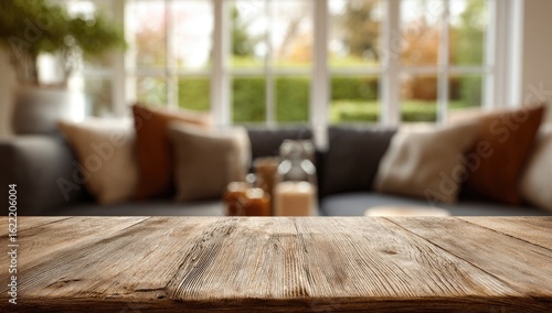 Wooden table top, out of focus living room view