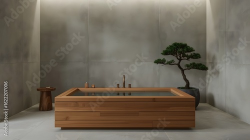 Luxurious japanese hinoki wood bathtub with bonsai tree accent