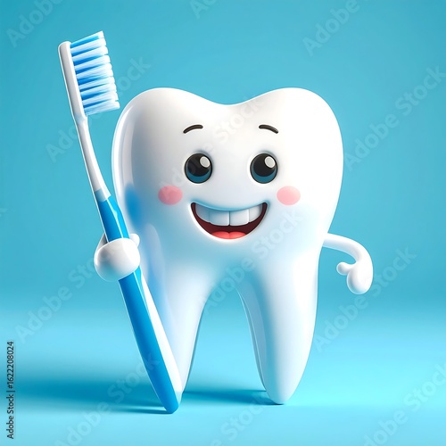 A happy cartoon tooth holds a toothbrush