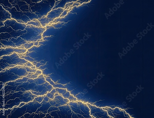 Lightning bolts frame a dark blue background