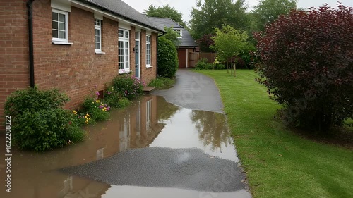 Flooded Pathway Beside a Brick House