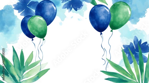 Watercolor Green Blue Balloons Tropical Leaves Birthday Invitation