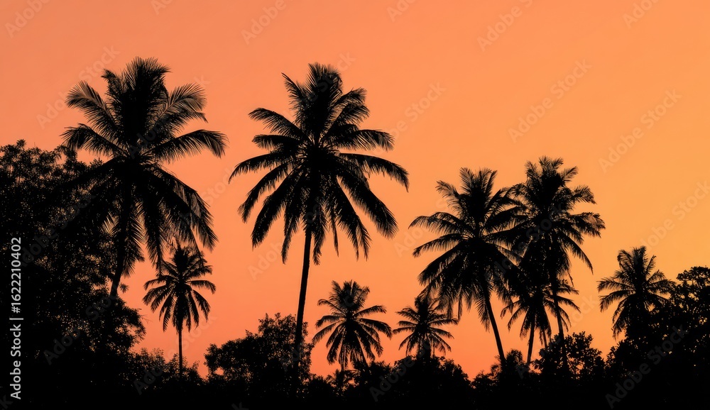Obraz premium Silhouetted palm trees against a vibrant sunset