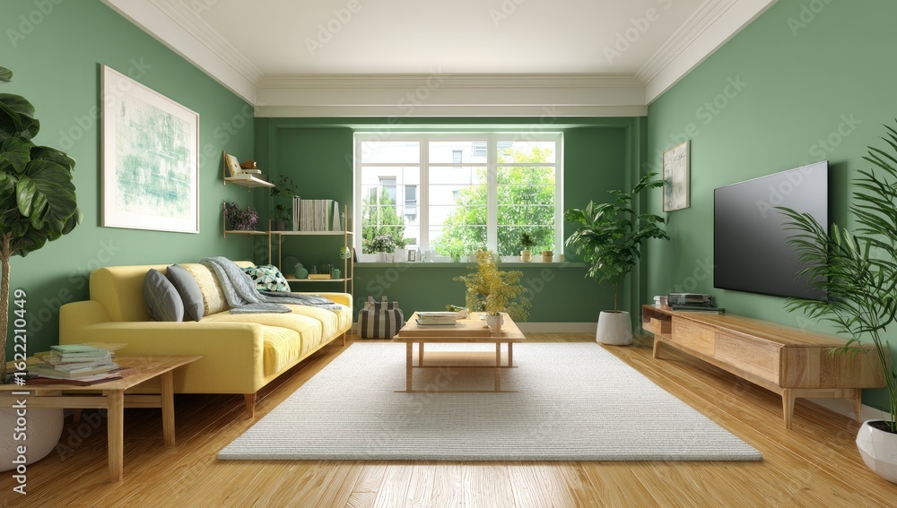 Fototapeta premium Cozy living room with yellow sofa, green walls, and natural light