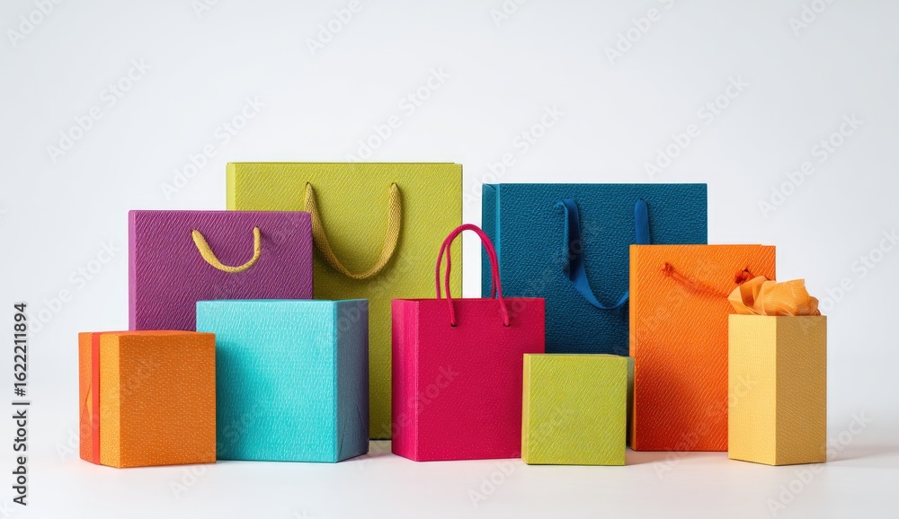 Naklejka premium Colorful gift bags and boxes arranged on a white background