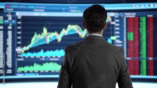 A looping video of a businessman in a suit staring at a large screen displaying complex graphs, data, and financial charts.