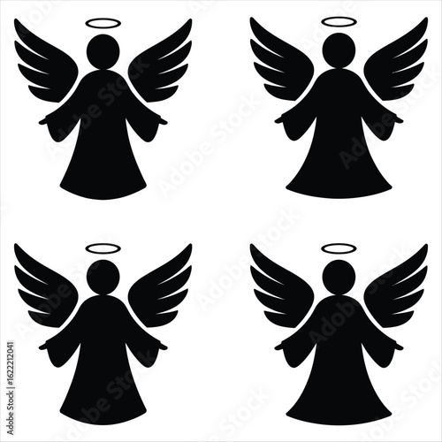 Black Angel Silhouettes with Wings and Halos on White Background