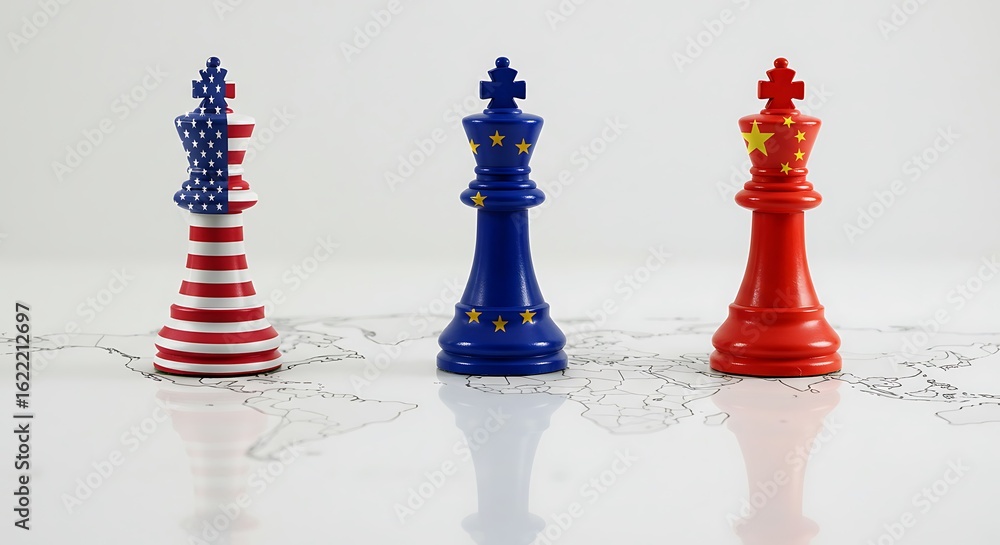 Fototapeta premium Global competition concept featuring chess pieces with flags of USA EU China