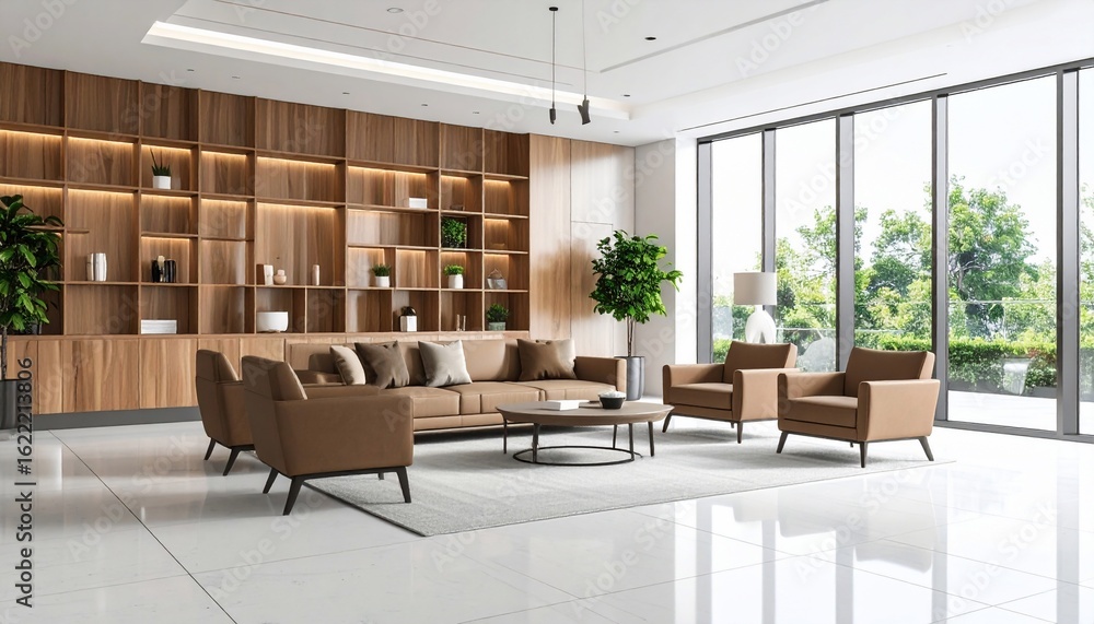 Fototapeta premium Modern Living Room Interior Design with Wooden Shelving and Large Windows