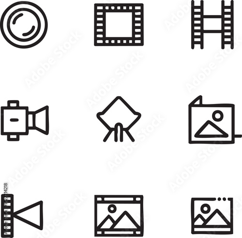 Photography and videography vector icon set outline style lens,film strip,video camera,photo editing,studio lighting,photo frame,camera flash icon set