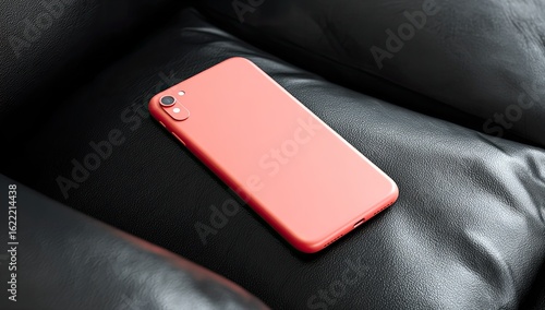 Coral-colored phone resting on black leather