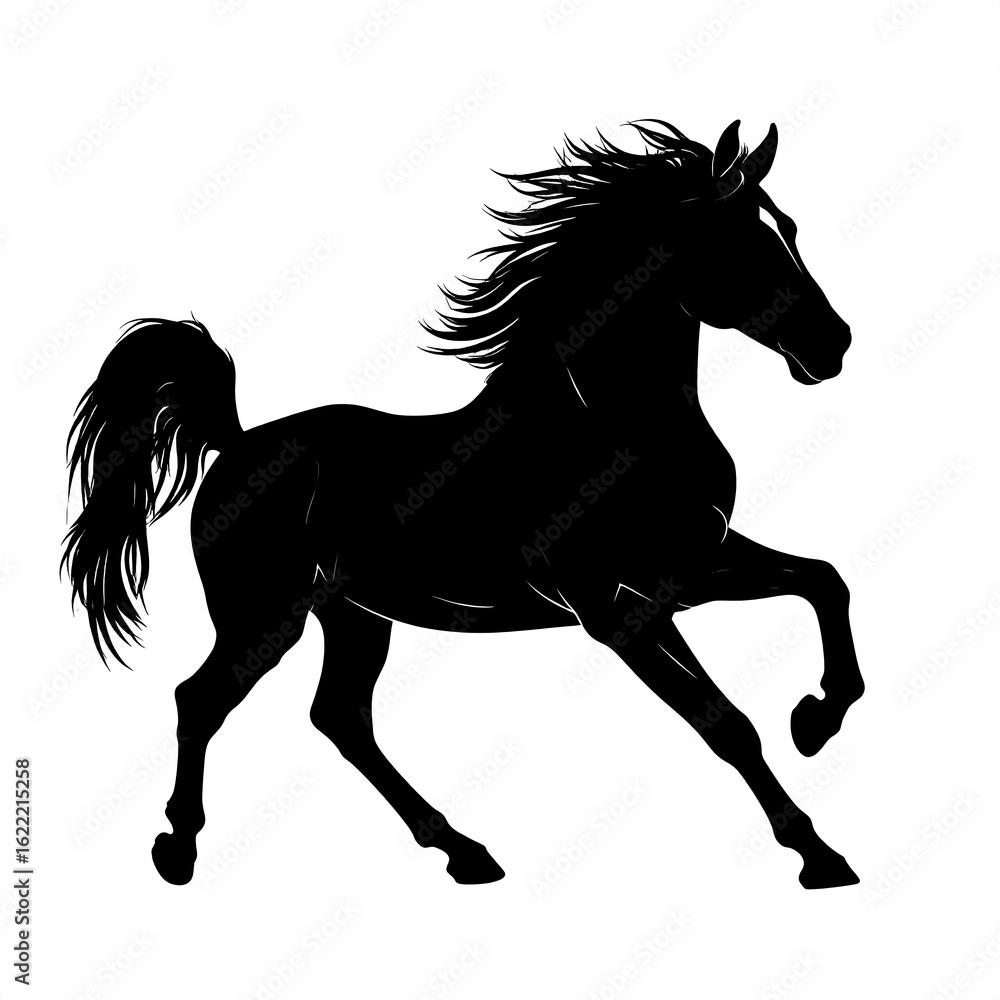 Obraz premium A black silhouette of a horse in motion, mane and tail flowing
