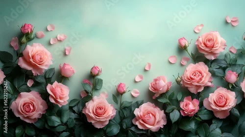 Soft pink rose flower petals with green leaves create romantic delicate floral bloom and garden nature border on light blue background evoking gentle beauty calm and peaceful atmosphere
