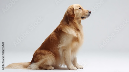 Golden retriever sitting calmly on a white background, side profile highlighting soft fur details under even studio lighting.