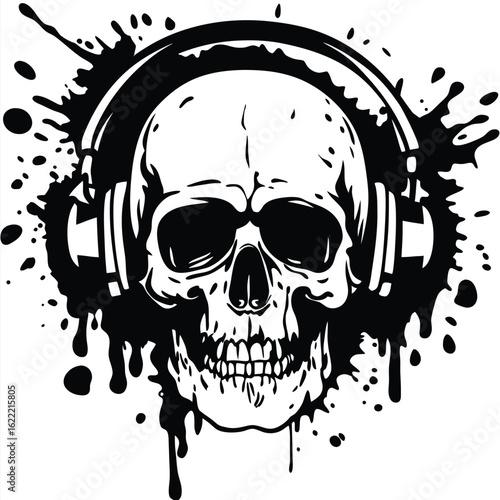 Black skull wearing headphones amidst paint splashes creates an edgy, musical artwork