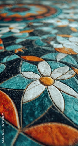 Close-up view of intricately patterned tilework.  White flowers,  orange and teal colors create a detailed design, reminiscent of a decorative floor or wall