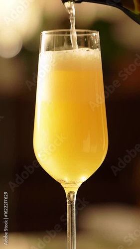 Hyper-realistic macro video of golden sparkling wine slowly pouring into a crystal champagne flute half-filled with orange juice, creating an effervescent cascade. Soft golden hour light, creamy