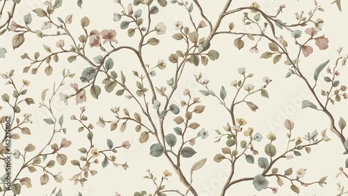 Delicate floral pattern with muted tones of pink, beige, and grey, featuring branches, leaves, and small blossoms.