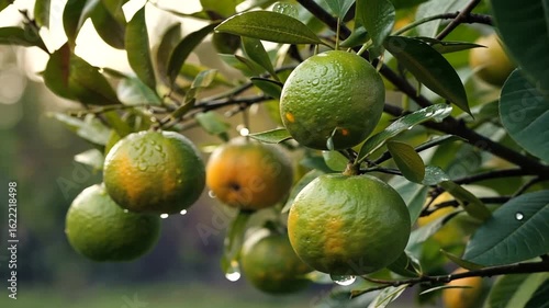 Wallpaper Mural Lush green citrus tree with dew-covered oranges hanging amidst a serene garden backdrop Torontodigital.ca