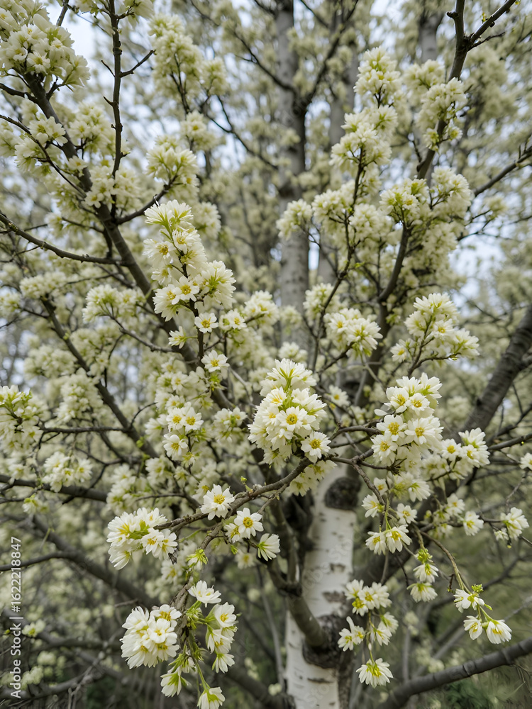 Fototapeta premium Close-up view of numerous hemiparasitic mistletoe shrubs thriving on the branches of a birch tree.