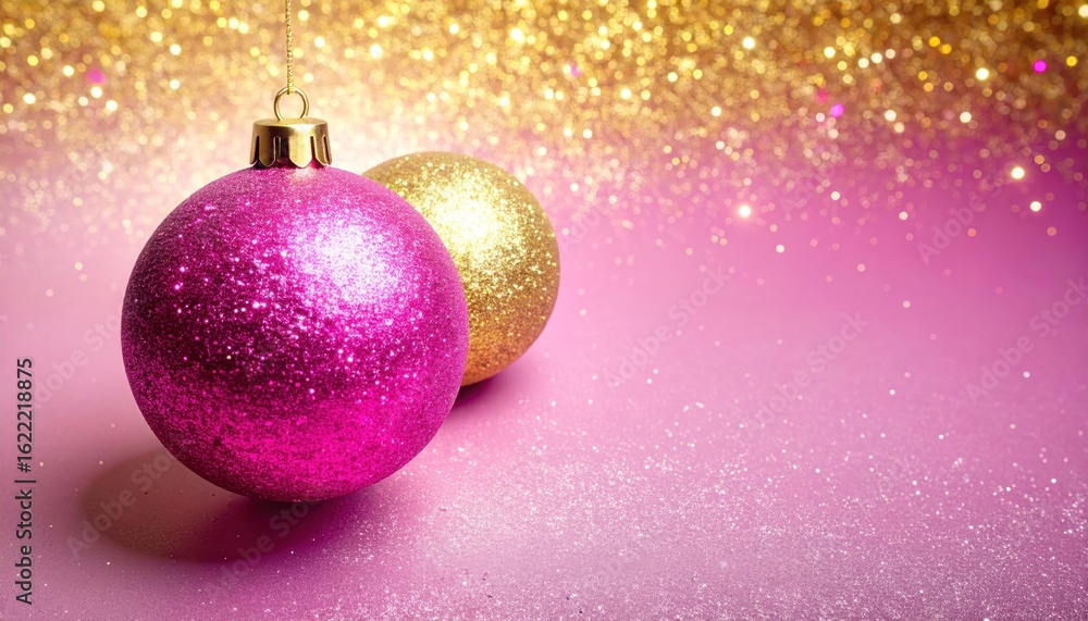 Fototapeta premium Sparkling christmas baubles adorn a glittery pink surface for festive holidays