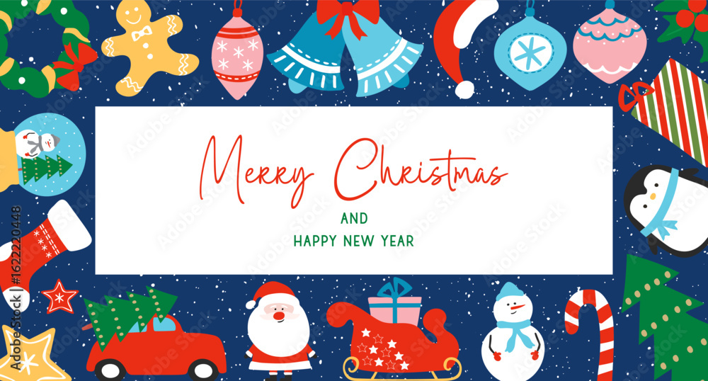 Fototapeta premium Merry Christmas and New Year banner template with festive elements around the frame. For winter holiday.