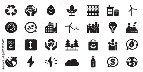 Ecology general glyph icon set. Vector pictograms of sun energy, wind turbine, water, drop, electric car, battery, green, factory, light bulb, black sign silhouette illustration