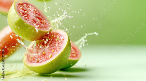Fresh guava slices splashing in water against a vibrant green background, showcasing juicy texture and refreshing summer vibes